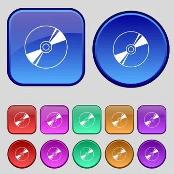 Cd, DVD, compact disk, blue ray icon sign. A set of twelve vintage buttons fo Stock-Illustration