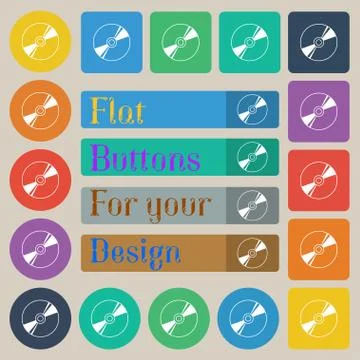 Cd, DVD, compact disk, blue ray icon sign. Set of twenty colored flat, round, sq Illustrazione stock