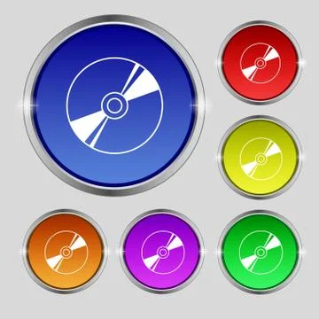 Cd, DVD, compact disk, blue ray icon sign. Round symbol on bright colourful butt Stock-Illustration