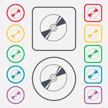 Cd, DVD, compact disk, blue ray icon sign. symbol on the Round and square button Stock Illustration