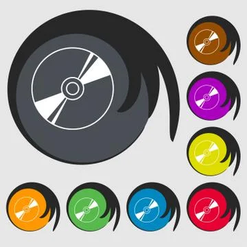 Cd, DVD, compact disk, blue ray icon sign. Symbol on eight colored buttons. Stock-Illustration