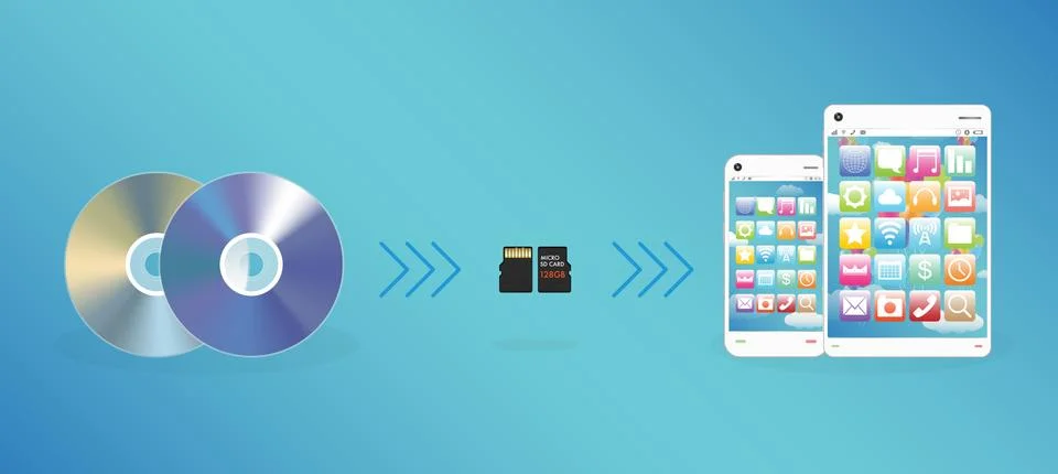 CD DVD Disk send data to Micro SD Memory card and smart phone tablet Stock Illustration