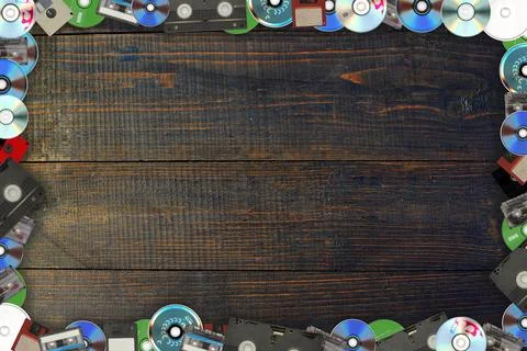 CD frame with dark background for text. Attributes of the 1990s. Copy space Foto stock