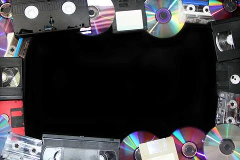 CD frame with dark background for text. Attributes of the 1990s. Copy space Foto stock