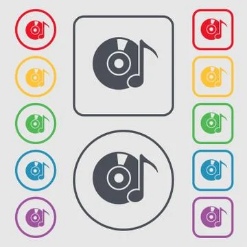 CD or DVD icon sign. symbol on the Round and square buttons with frame. Vecto Stock Illustration