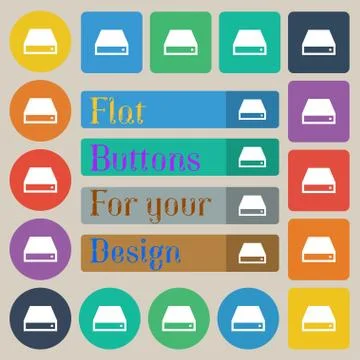 CD-ROM icon sign. Set of twenty colored flat, round, square and rectangular butt Stock Illustration