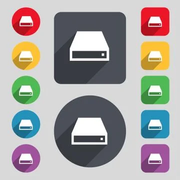 CD-ROM icon sign. A set of 12 colored buttons and a long shadow. Flat design. Stock Illustration
