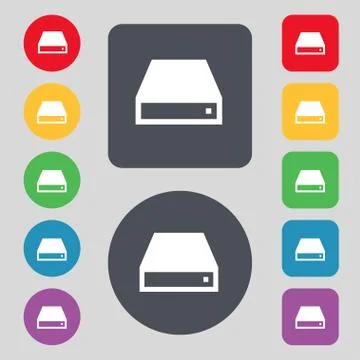 CD-ROM icon sign. A set of 12 colored buttons. Flat design. Stock Illustration