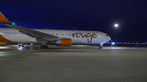 CDF 15 Rouge 767 Early Morning Departing Deicing Facility Stock Footage 76913868