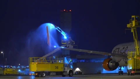CDF 15 Rouge Boeing 767 Early Morning Deicing Left Wing Stock Footage 76913936