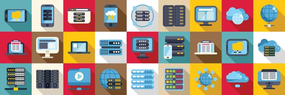 CDN icons set. Big data, cloud computing and hosting servers connecting throu Stock Illustration