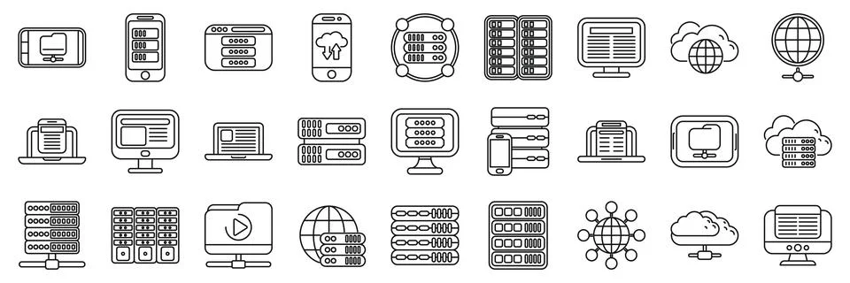 CDN icons set. Seamless data flow and global connectivity are visualized thro Stock Illustration