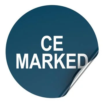 CE marked, blue round sticker with curled corner. 3D rendering Stock Illustration
