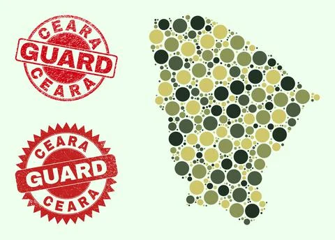 Ceara State Map Mosaic with Khaki Military Round Elements with Scratched Guard Illustrazione stock