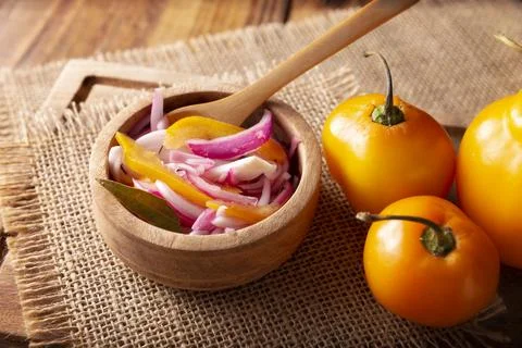 Cebollas Encurtidas. Chopped purple onion with manzano chili and spices, a ve Stock Photos