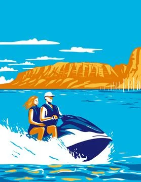 Cedar Bluff State Park with Couple Riding Jet Ski in Cedar Bluff Reservoir in Stock Illustration