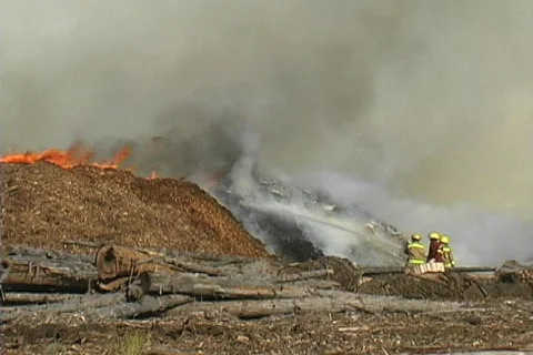 Cedar chip pile on fire Stock Footage 142693