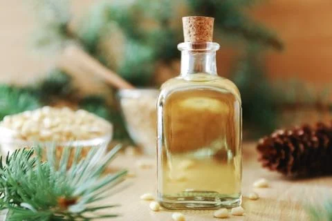 Cedar products: cedar pine nuts oil in glass bottle, pine nuts, cones, brunch Stock Photos