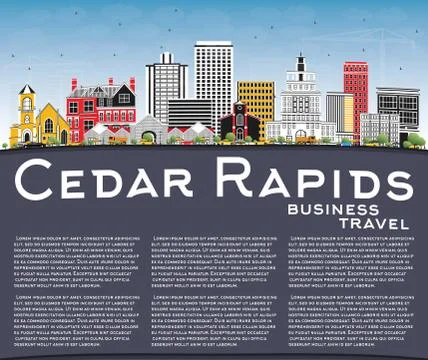 Cedar Rapids Iowa City Skyline with Color Buildings, Blue Sky and Copy Space. Stock Illustration