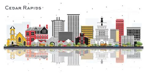 Cedar Rapids Iowa Skyline with Color Buildings and Reflections Isolated on Wh Ilustración de archivo