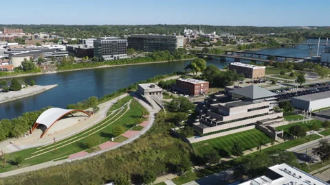 Cedar River Waterfront and Downtown Skyline Cedar Rapids Iowa Stock Footage 332621602
