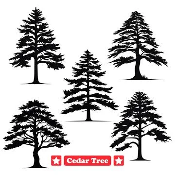 Cedar Tree Silhouette Set Crafting Tranquil Landscapes with Ease Stock Illustration
