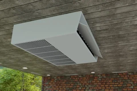 Ceiling air conditioner in a large room with a wooden ceiling 3d Illustrazione stock