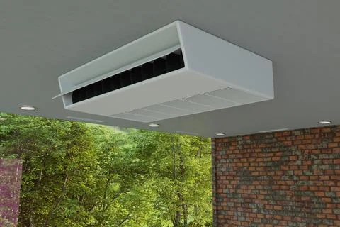 Ceiling air conditioner in a room with a large window 3d Stock Photos