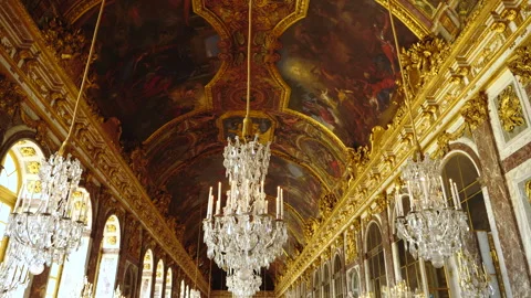 Ceiling and chandeliers in the Hall of Mirrors, Chateau de Versailles,  Stock Footage 245458736