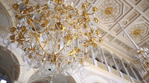 Ceiling and chandeliers in Pavilion Hall at Small Hermitage. Stock Footage 45862110