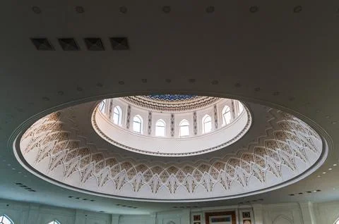 Ceiling and decorated dome inside white Minor Mosque in Tashkent in Uzbekistan Stock Photos