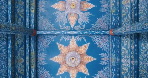 Ceiling of buddhist temple with blue color with oriental ornaments Stock Footage 168473501