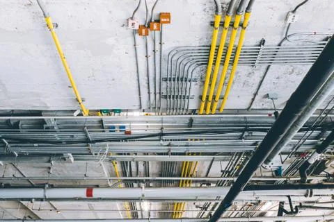 Ceiling cable pipe good manage in construction building network electricity a Stock Photos