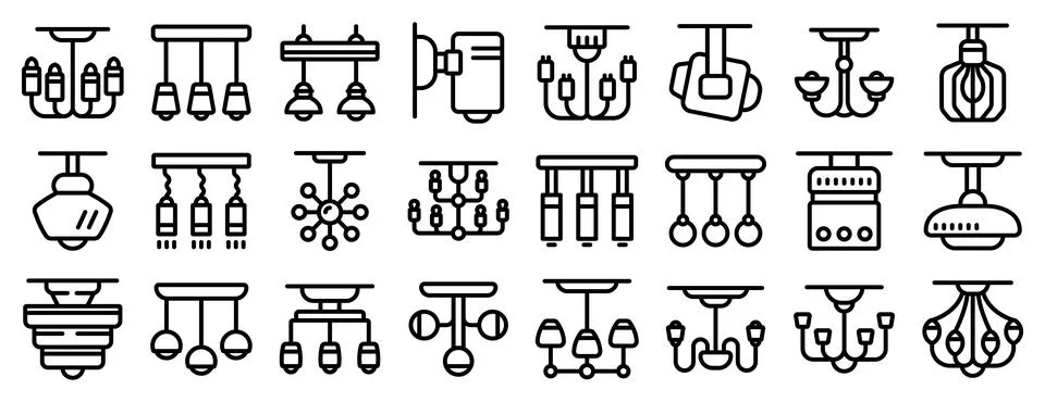 Ceiling chandelier icons set. Different ceiling lamps are hanging, providing  Stock Illustration
