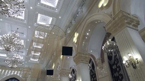 Ceiling, chic, chandeliers, theater hall, hall decoration Stock Footage 124260205