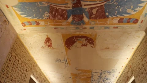 Ceiling Chronicles: Ancient Hieroglyphics and Artwork in Tomb - 4K Stock Footage 255727364