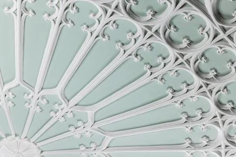 Ceiling design elements in Gothic style. White gypsum bas-relief 库存照片