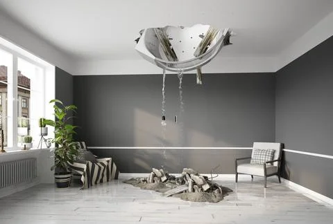 The ceiling is destroyed and broken by the bathroom. Illustrazione stock