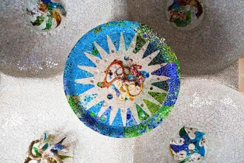 Ceiling details on the column hall of parc guell Stock Photos