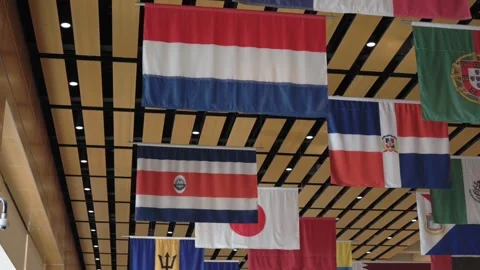 Ceiling display of world flags including Costa Rica, Netherlands, Portugal, and Stockbeeldmateriaal 320030812
