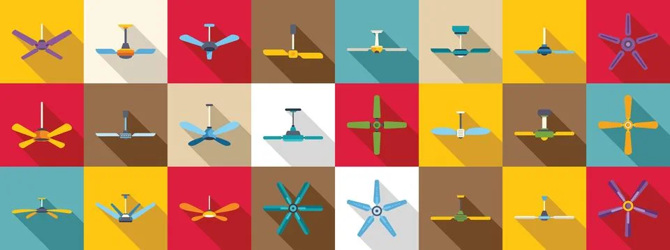 Ceiling fan icons set. Ceiling fans with different blade shapes and colors .. Stock Illustration