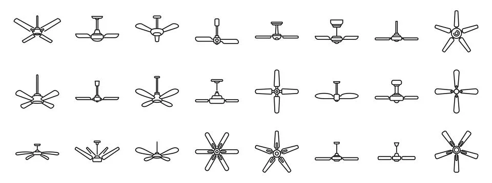 Ceiling fan icons set. Ceiling fans with different blade count rotating and.. Stock Illustration