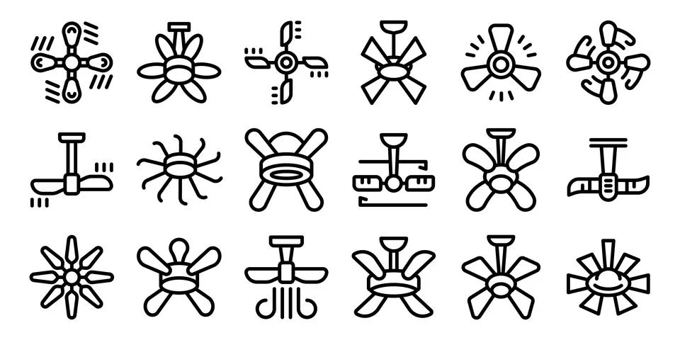 Ceiling fan icons set. Ceiling fans blowing air, providing cooling and vent.. Stock Illustration