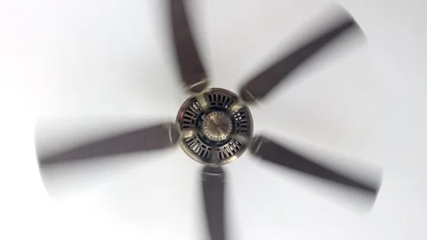 A ceiling fan spinning with visible motion blur on a white ceiling Stock Footage 343236033