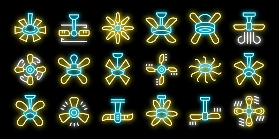 Ceiling fans with light bulbs rotating and blowing air in neon style Stock Illustration