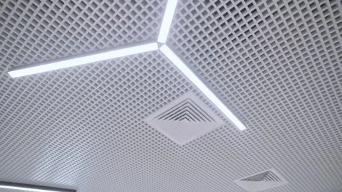 Ceiling features integrated linear LED lighting fixtures Stock Footage 335191981