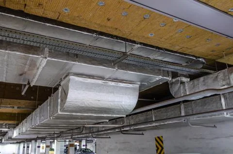 Ceiling insulation, ventilation system air ducts Stock Photos