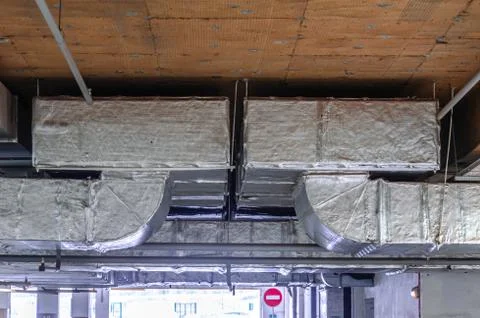 Ceiling insulation, ventilation system air ducts Stock Photos