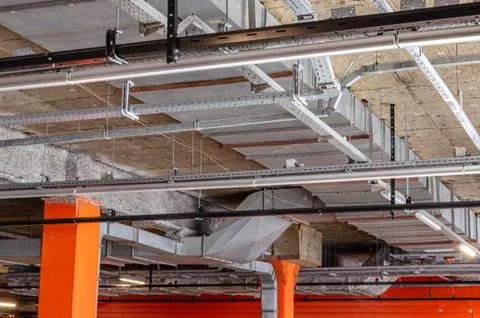 Ceiling insulation, ventilation system air ducts Stock Photos