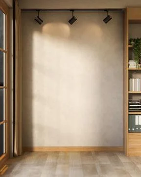 Ceiling lamp on empty loft cement wall with wooden window and bookshelf in .. Stock Illustration